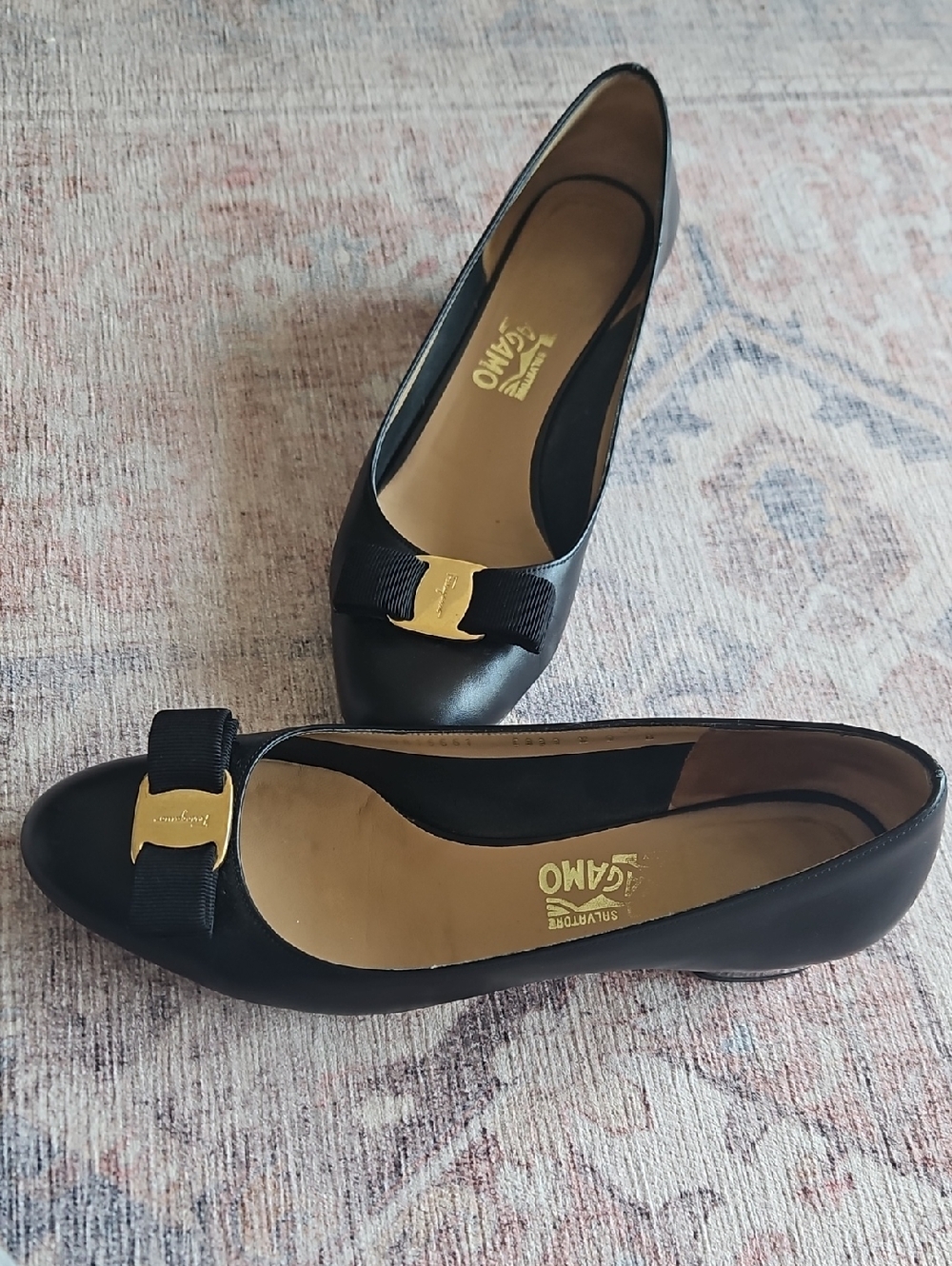 Salvatore Ferragamo Black Leather Vara Bow Small Heel with Gold Plaque